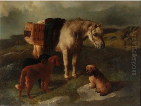 A Pony And Three Dogs In A Highland Landscape - view 1