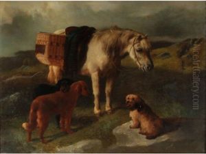 A Pony And Three Dogs In A Highland Landscape by George William Horlor