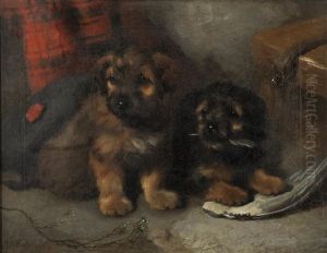 Two Terriers Beside A Gamekeeper's Bag And A Tam O'shanter by George William Horlor