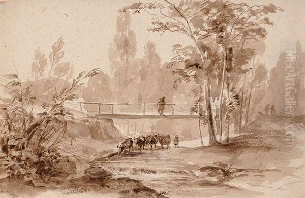 Berger Sur Un Pont Contemplant Son Troupeau Passant Le Gue - view 1