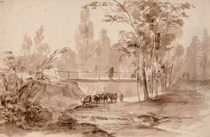Berger Sur Un Pont Contemplant Son Troupeau Passant Le Gue by Balthazar, Jean Baron
