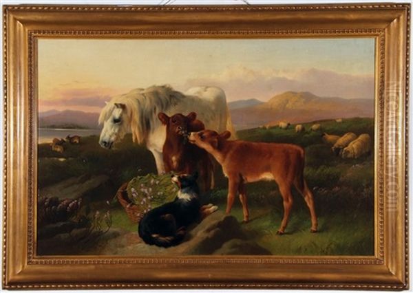 Highland Scene With White Pony, Calves And Collie Dog - view 1