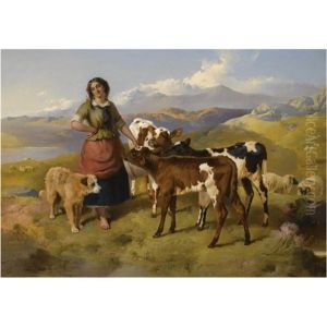Highland Landscape With A Shepherdess Feeding Calves