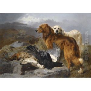 A Retriever And Setter With Capercaillie, Ptarmigan And Grouse by George William Horlor