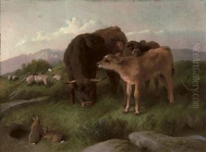 Cattle, Sheep And Rabbits On A Hillside