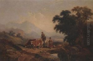 Cows And Farmers In A Landscape by George William Horlor