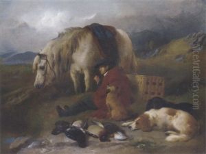 A Ghillie, Smoking His Pipe Beside A Day's Bag by George William Horlor