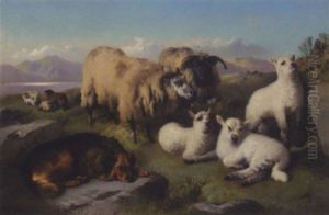Sheep And Sheepdog In A Landscape by George William Horlor