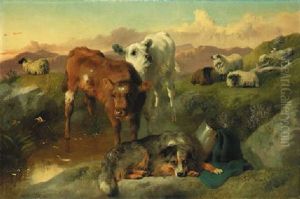 Calves And Black-faced Ewes With A Sheepdog by George William Horlor