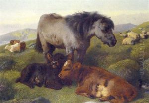 Cattle, Sheep And Pony Resting In A Landscape by George William Horlor