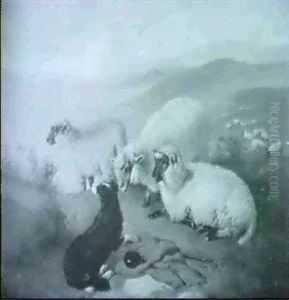 Drei Schafe Und Ein Hirtenhund In Hugeliger Landschaft
