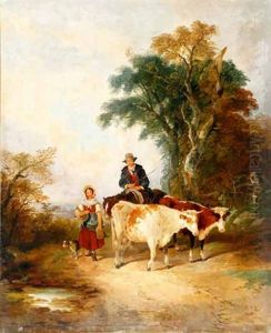 Boy And Girl With Cattle, Horse And Dog, Returning Home On A Country Path by Joseph Horlor