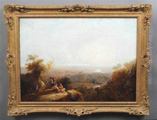 Figures Resting Overlooking A River And Coast - view 1