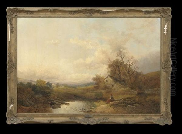 Landscape With A Woman Sitting On A Tree Branch Next To A Pond And A Cottage - view 1
