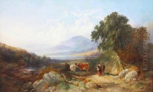 Travellers And Cattle Before A Mountain Landscape by Joseph Horlor