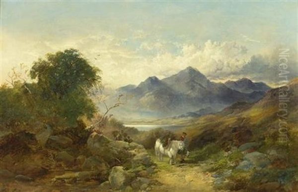 Landschaft Mit Pferden, Reiter Und Gebirge Im Hintergrund - view 1