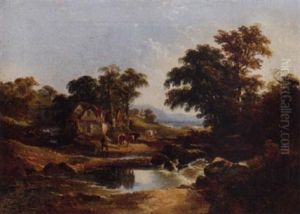 A Drover With Cattle In A River Landscape