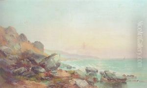 Figures On A Rocky Coast At Sunset by Joseph Horlor