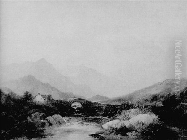 Mountainous Landscape With River, Stone Bridge And Buildings - view 1