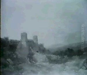 Figures By A Ruined Gatehouse In A Mountainous Landscape by Joseph Horlor