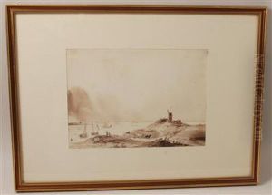 A Coastal Landscape With Sailing Boats And A Mill In The Foreground
