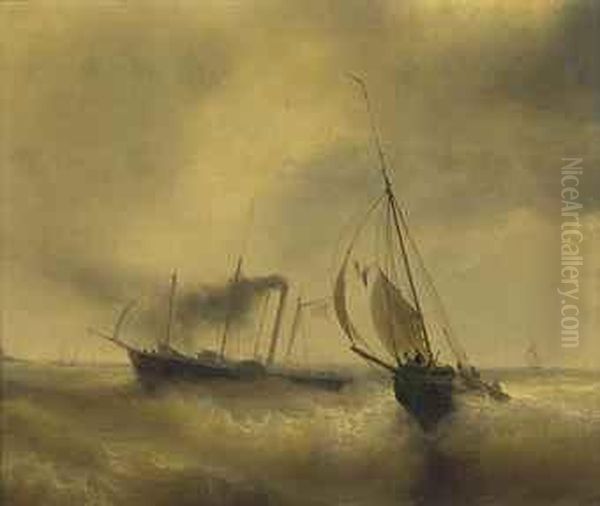 A Paddle Steamer Passing A French Fishing Vessel In Roughwaters - view 1