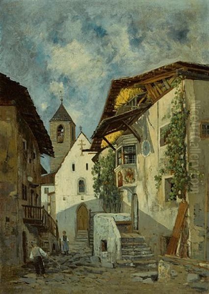 A Village Scene With Two Figures, Thought To Be Imst In Tyrol - view 1