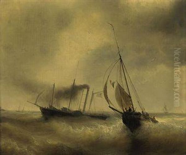 A Paddle Steamer Passing A French Fishing Vessel In Rough Waters - view 1
