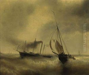 A Paddle Steamer Passing A French Fishing Vessel In Rough Waters by Theodore Gudin