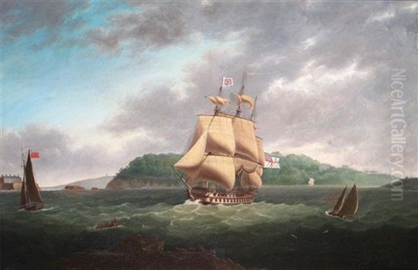 A 70 Gun Ship In Barn Pool Off Plymouth Sound With Mount Edgecumbe Beyond - view 1