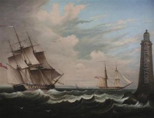 A Frigate In Two Positions Alongside A Lighthouse by Thomas Lyde Hornbrook