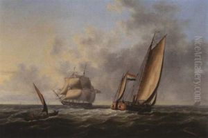 A Frigate Under Reduced Sail Off Shore With A Dutch Barge Running Past Her Stern by Thomas Lyde Hornbrook