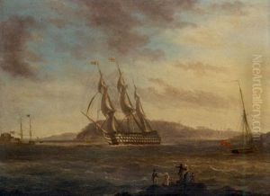 A First Rate Making Her Way Down Plymouth Sound In A Stiff Breeze, With Drake's Island Off Her Starboard Bow by Thomas Lyde Hornbrook