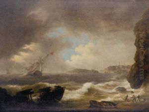 The Aftermath Of The Great Gale - A Frigate In Distress In Plymouth Sound With Two Wrecks Off Drake's Island by Thomas Lyde Hornbrook