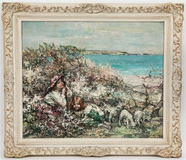 Two Girls And Lambs At Brighouse Bay - view 1