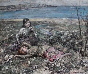 At Brighouse Bay - Two Young Girls On A Flower Covered Bank With Bay To Background by Edward Atkinson Hornel