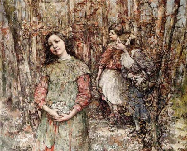 Girls Gathering Flowers In A Wood - view 1