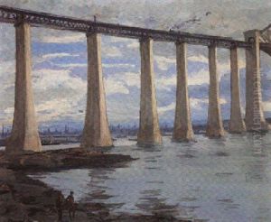 The Piers, Forth Bridge 1917, Kite Balloon And Grand Fleet In The Distance by Edward Atkinson Hornel