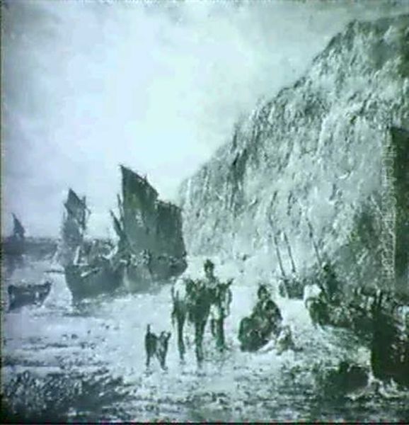 Shore Scene With Boats Fisherfolk - view 1