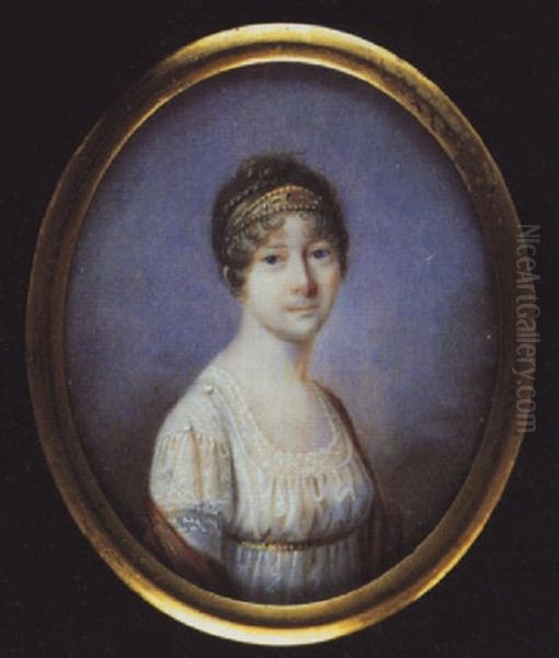 Portrait Of Maria Sofia Frederikke, Queen Of Denmark, Wearing Decollete White Dress With Waistband, Red Shawl And Headdress - view 1