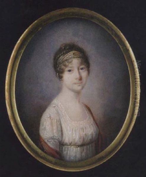Portrait Of Maria Sofia Frederikke, Queen Of Denmark, Wearing Decollete White Dress With Lace Trim And Gold Ribbon Waistband, Red Shawl And Gold Headdress - view 1