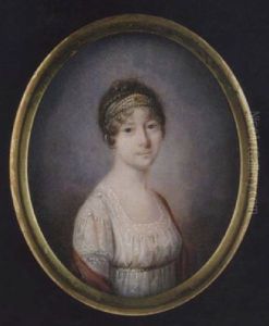 Portrait Of Maria Sofia Frederikke, Queen Of Denmark, Wearing Decollete White Dress With Lace Trim And Gold Ribbon Waistband, Red Shawl And Gold Headdress