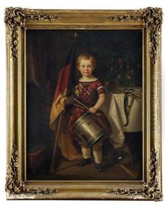 Portrait D'enfant Devant Un Sapin De Noel Tenant Le Drapeau Imperial Allemand