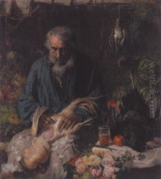 Bauer Auf Dem Wochenmarkt Mit Fruchten, Geflugel Und Blumen - view 1