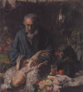 Bauer Auf Dem Wochenmarkt Mit Fruchten, Geflugel Und Blumen