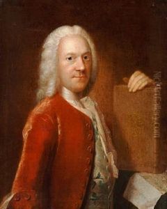 Portrait Of Jacob Langebaek, Historian And State Archivist, With A Wig And A Red Coat, Holding A Book With King Frederik V's Mirrored Monogram