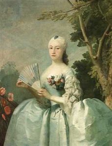 Portraet Af Birgitte Von Stampe F. Von Klocker I Mintgron Selskabskjole, I Handen Holder Hun En Vifte