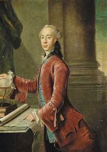 Portraet Af En Ung Adelsmand Staende I Rod Velourfrakke Ved Et Bord