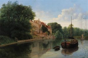 A River Landscape With Sailing Barge Passing A Large House, Possibly On The Thames