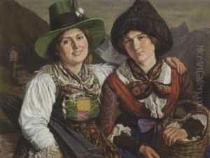 Zwei Trachtenmadchen Aus Tirol by Paula Hornsteiner-Tiefenthaler